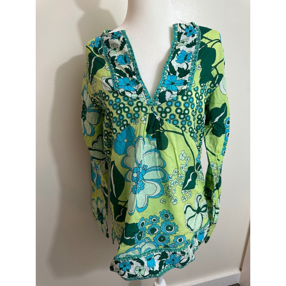 Antik Batik Women Green Blue Floral Cotton Tunic Top Size L Made in France
